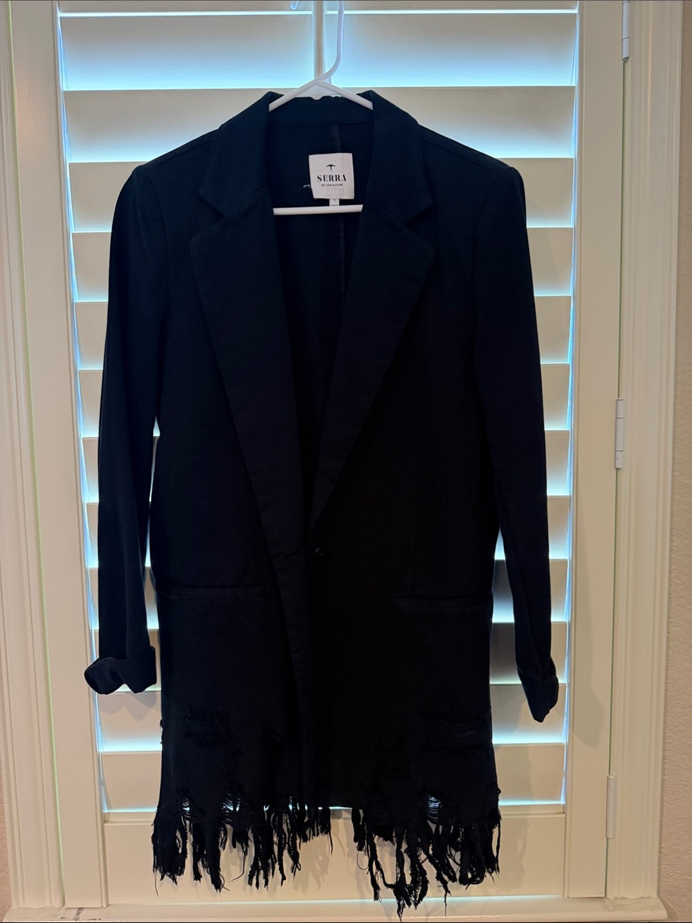 Serra Black Distressed Fringe Longline Blazer